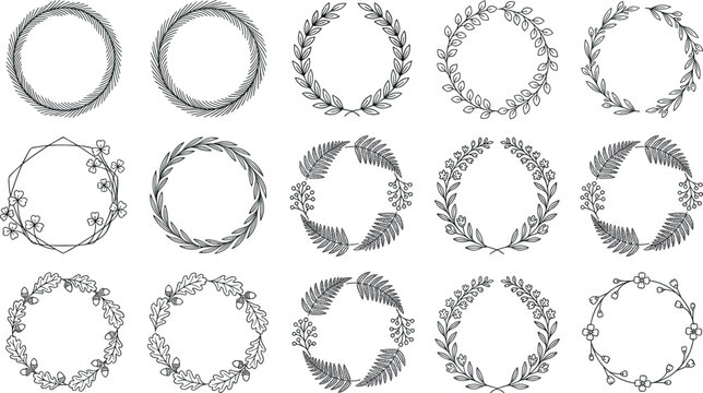 Botanical Floral Wreath Line Icon Set with Leaf Frames, Laurel Circles, Wildflower Borders, Decorative Garlands, and Elegant Nature Collection