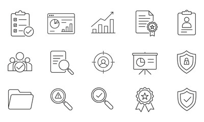 Fototapeta premium Evaluation Performance Management Outline Vector Icon Set – Audit Assessment Analytics Quality Assurance Business Review Line Icons Collection