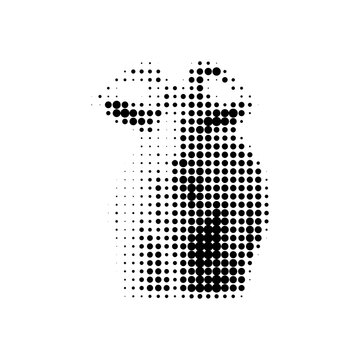 halftone illustration of Kozi, the symbol of 2027 Roku, in a vintage comic book style. A black and white halftone texture, a retro comic book style with a distinctive dotted texture. 