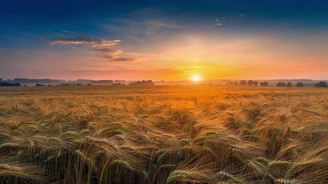 Golden wheat field at sunset with vibrant sky and rural landscape for farming and nature