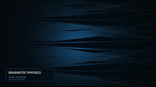 Magnetic Physics visualization showing a Lorenz Attractor simulation with glowing blue particle data stream paths