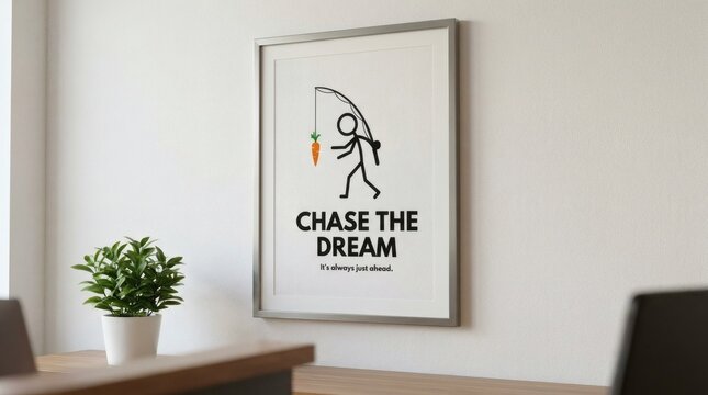 Framed motivational poster 'Chase The Dream' with stick figure chasing a carrot, symbolizing the relentless pursuit of goals.