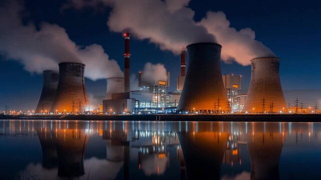 Night view of industrial power plant with cooling towers emitting steam reflected on water surface