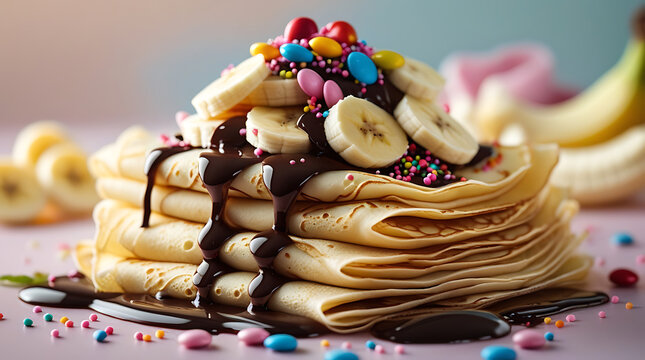 Stack of fluffy pancakes with banana slices and chocolate drizzle. Sweet breakfast dessert topped with fresh fruit and syrup on transparent backgro...