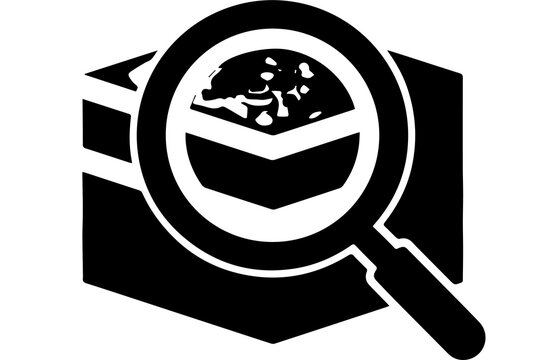Magnifying glass over a cube icon, symbolizing investigation, analysis, research, and detailed data exploration for business insights