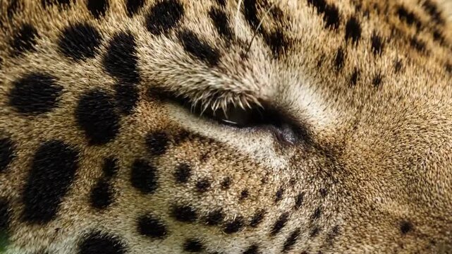 Extreme close up of a jaguar face showing intense jaguar eyes and detailed fur pattern