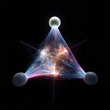 A tetrahedral molecule transforming into an AI neural network, where molecular bonds slowly become digital light pathways.