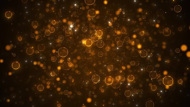Golden bokeh bubble sparkle background glowing circles, star flares, warm dark atmosphere. celebration , festive intros, wedding titles, luxury promos, holiday greetings, elegant motion overlays.