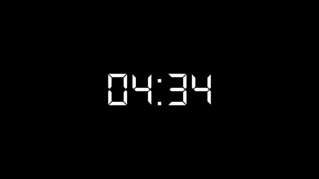 Five minute countdown.5 minute to 0 second countdown digital set icon.Abstract clock,minute,second,time concept icon animation.