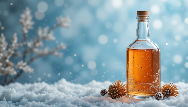 Golden whiskey bottle in winter snow with pine cones. Amber liquor container on frosty seasonal decor background.