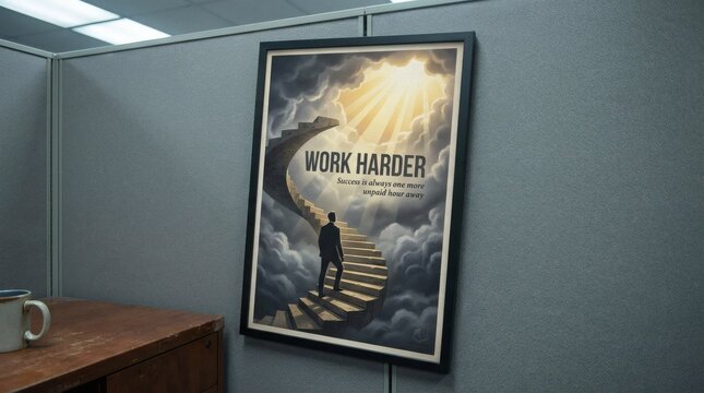 Framed 'Work Harder' motivational poster hanging on an office cubicle wall, depicting a person climbing a staircase towards radiant success.