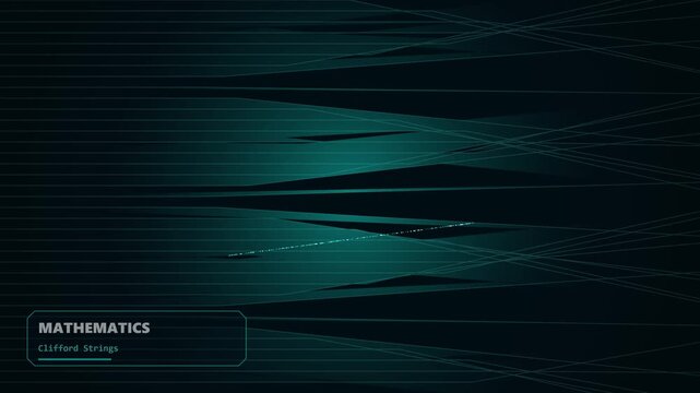 Mathematics Clifford Strings showing particle movement and interconnected geometry across dark teal glowing linear patterns