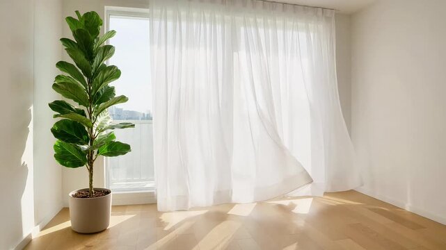 White curtains blowing in the wind. Modern living room interior with a fiddle leaf fig plant.