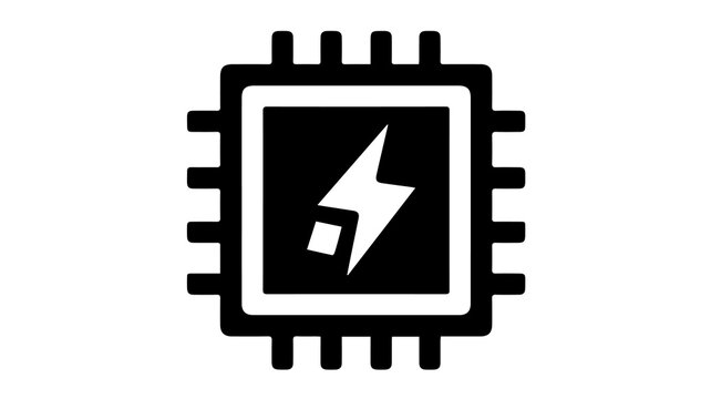 Modern microchip icon with lightning bolt symbol representing power, technology, and integrated circuit design innovation