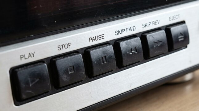 Vintage Stereo System Control Panel: Close-up of Play, Stop, Pause, Skip, and Eject Buttons on a Retro Audio Player