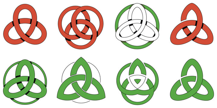 Celtic triquetra icons featuring sacred trinity knot symbols, ancient heritage, and decorative vector illustration
