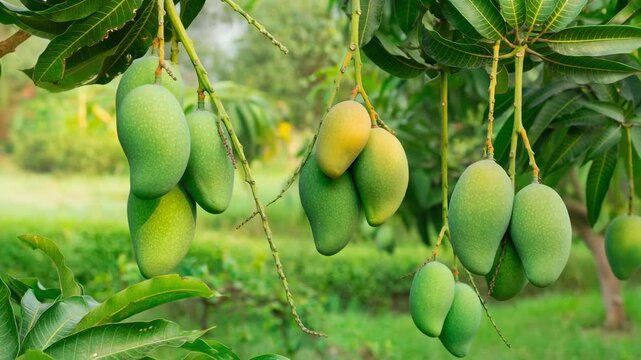 Close up of fresh green mango fruits hanging on tree branches in tropical orchard garden