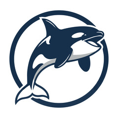 Fototapeta premium Stylized orca mascot leaping within a thick circular frame featuring bold flat colors and clean geometric shapes for a modern minimalist sports emblem concept