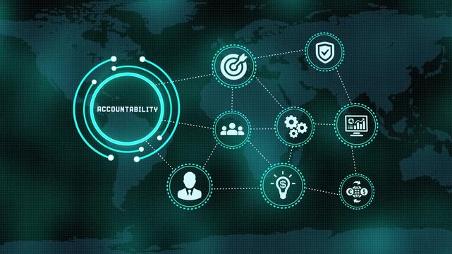 Concept of business accountability concept with digital icons over world map background for corporate success.