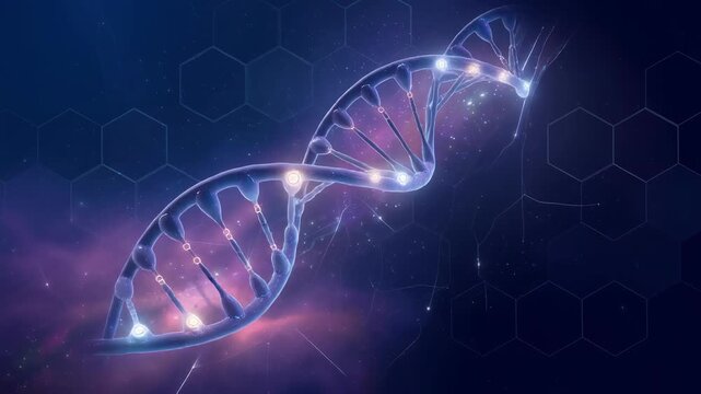 Futuristic DNA helix glowing in space with cosmic galaxy background and scientific hexagonal pattern