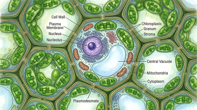 Central Plant Cell with Detailed Internal Structures
Hexagonal Plant Cell Array with One Detailed Cell
Plant Cell Organelles: Chloroplasts, Nucleus, Vacuole