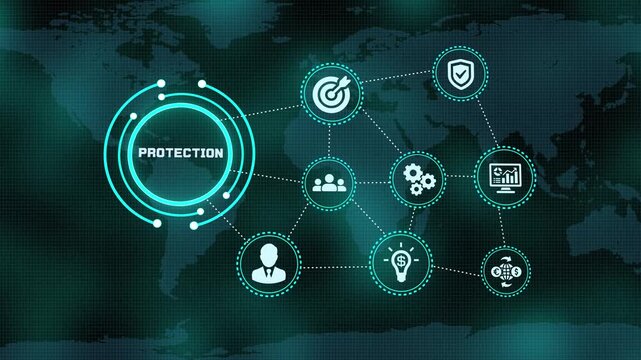 Concept of business protection concept with digital icons over world map background for corporate success.