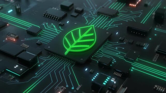 Green technology concept with glowing leaf on futuristic computer circuit board for eco innovation