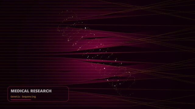 Medical research data visualization showing genetic sequencing particles in a dark futuristic laboratory environment