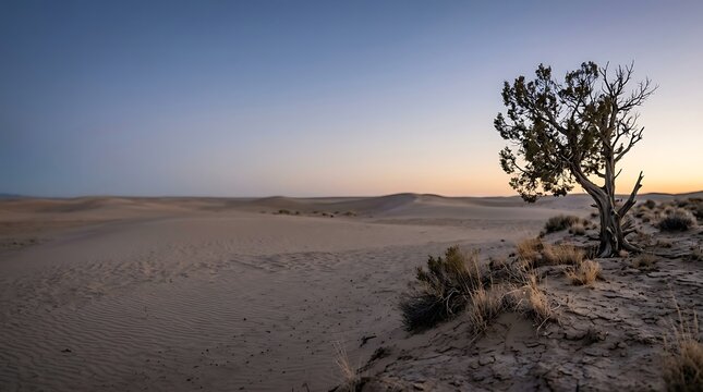 Lone tree standing in desert sand dunes at sunset