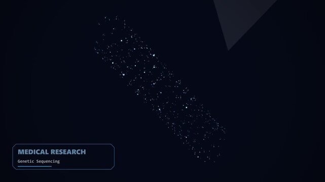 Medical Research Genetic Sequencing data visualization showing complex DNA strands with glowing blue particles and geometric triangles