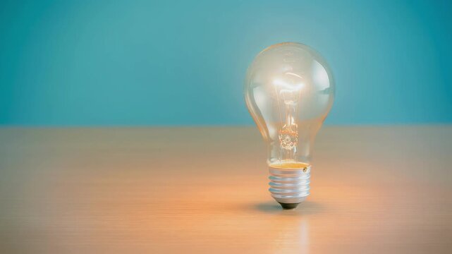 Glowing light bulb on wooden surface with blue background symbolizing ideas and innovation