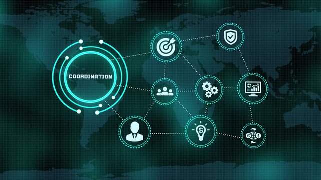 Concept of business coordination concept with digital icons over world map background for corporate success