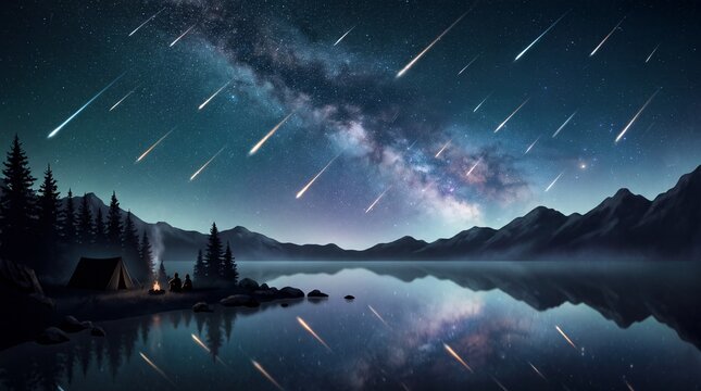 Meteor shower over mountain lake at night with campers by tent and campfire on shore, shooting stars and milky way reflected in calm water.