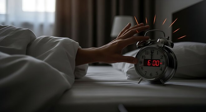 Sleepy Hand Reaching Toward Ringing Alarm Clock on Bedside Table