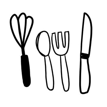 Kitchen utensils doodle set illustration including a whisk, spoon, fork, and knife, simple black line art icon on a white background