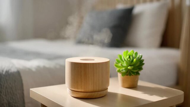 Wooden aroma diffuser in bedroom. Essential oil humidifier for home air purification.