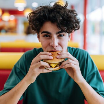 Young adult eating cheeseburger in modern diner for menu banner and lifestyle advertising with candid closeup portrait and bright interior