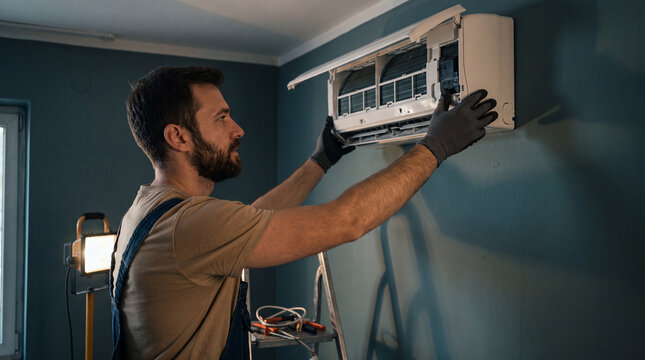 Technician installing air conditioner. HVAC specialist repairing wall mounted cooling system.