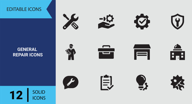 General Repair Solid Icons Set for Maintenance Work Fixing Equipment Handyman Services and Restoration