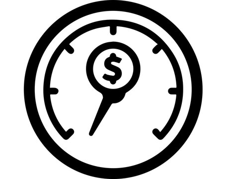 Monochrome speedometer icon with dollar sign indicating financial performance, cost, and price increase over time