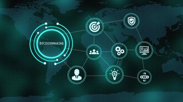 Decision-making word on tech screen interface with analytics strategy icons and global map backdrop