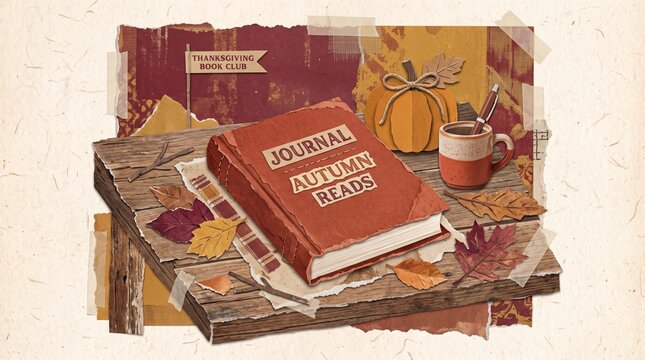 Thanksgiving book club collage with autumn reads journal, paper pumpkin, coffee mug and fall leaves on wooden table illustrating cozy seasonal reading.