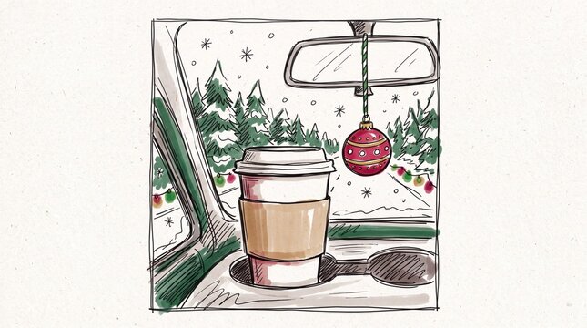 Hand drawn sketch of paper coffee cup with blank sleeve in car cup holder, red bauble on mirror and snowy pines through windshield for christmas road trip.