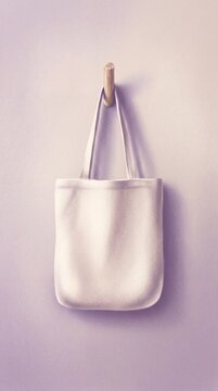 Blank canvas tote bag mockup hanging on wooden peg against soft lavender wall, minimal painted style template for eco friendly shopping brand design.