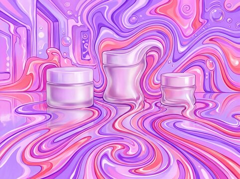 Blank cosmetic cream jars mockup on psychedelic liquid swirl background in pink and purple groovy style for beauty skincare product branding design.