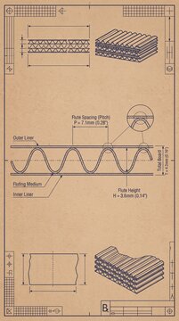 Corrugated cardboard structure blueprint with flute spacing, liner layers and cross section views drawn in vintage engineering style on kraft paper.