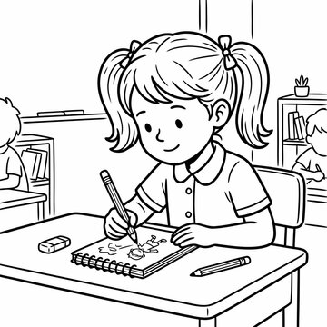 Young girl drawing in notebook while sitting at desk in classroom for Knowledge Day  