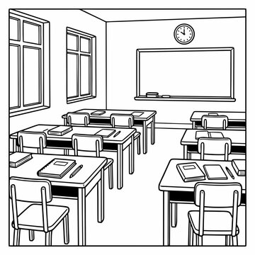 Empty classroom with desks and chairs drawn in simple style for Knowledge Day  
