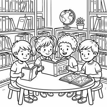 Group of children reading books together in library for Knowledge Day  