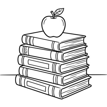 Apple on top of stacked books in outline drawing for Knowledge Day  